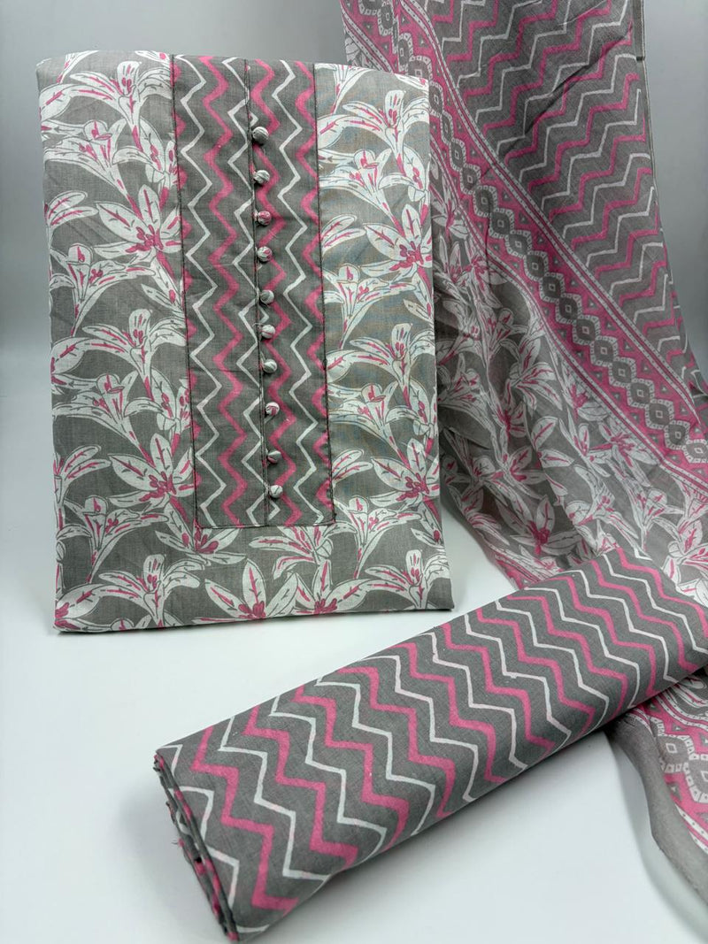 Morden Super Grey & Pink Floral Printed Cotton Kurta Set with Zigzag Dupatta