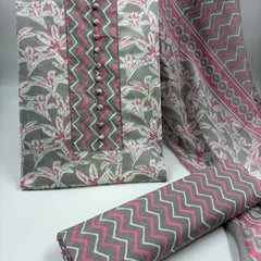 Morden Super Grey & Pink Floral Printed Cotton Kurta Set with Zigzag Dupatta