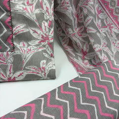 Morden Super Grey & Pink Floral Printed Cotton Kurta Set with Zigzag Dupatta