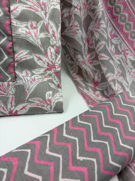 Morden Super Grey & Pink Floral Printed Cotton Kurta Set with Zigzag Dupatta