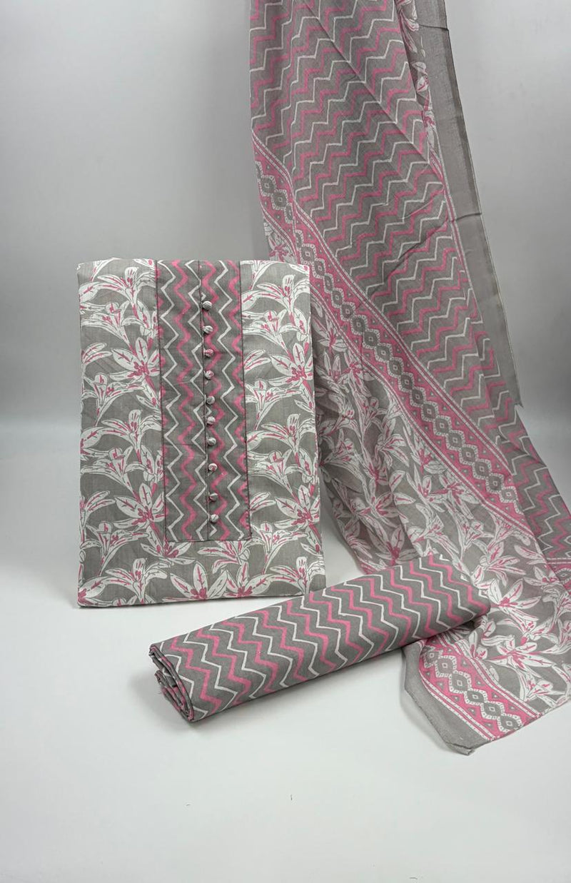 Morden Super Grey & Pink Floral Printed Cotton Kurta Set with Zigzag Dupatta