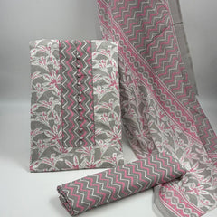 Morden Super Grey & Pink Floral Printed Cotton Kurta Set with Zigzag Dupatta
