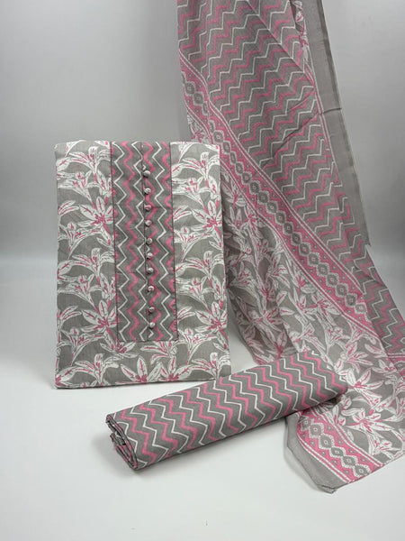 Morden Super Grey & Pink Floral Printed Cotton Kurta Set with Zigzag Dupatta