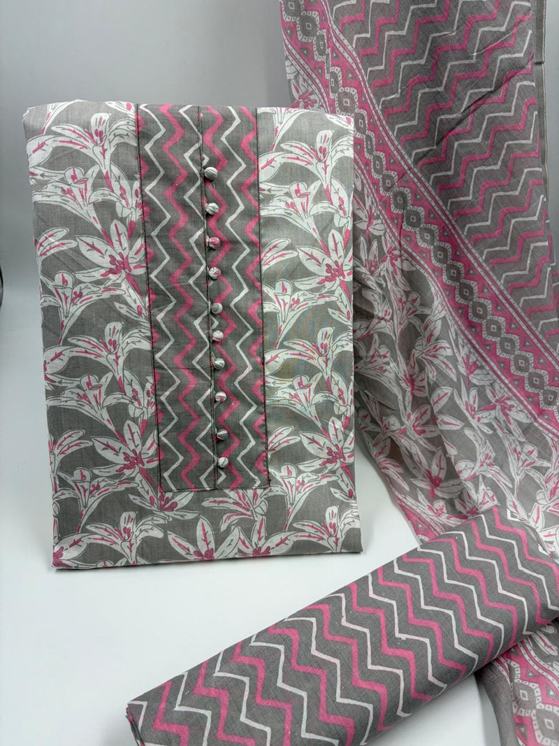 Morden Super Grey & Pink Floral Printed Cotton Kurta Set with Zigzag Dupatta