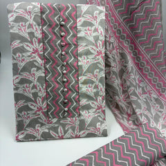 Morden Super Grey & Pink Floral Printed Cotton Kurta Set with Zigzag Dupatta