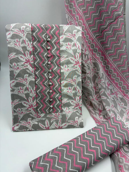 Morden Super Grey & Pink Floral Printed Cotton Kurta Set with Zigzag Dupatta