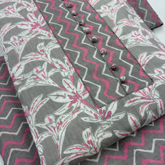Morden Super Grey & Pink Floral Printed Cotton Kurta Set with Zigzag Dupatta