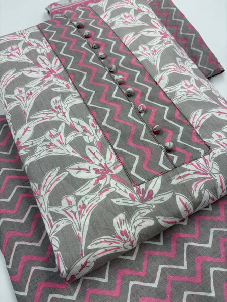 Morden Super Grey & Pink Floral Printed Cotton Kurta Set with Zigzag Dupatta
